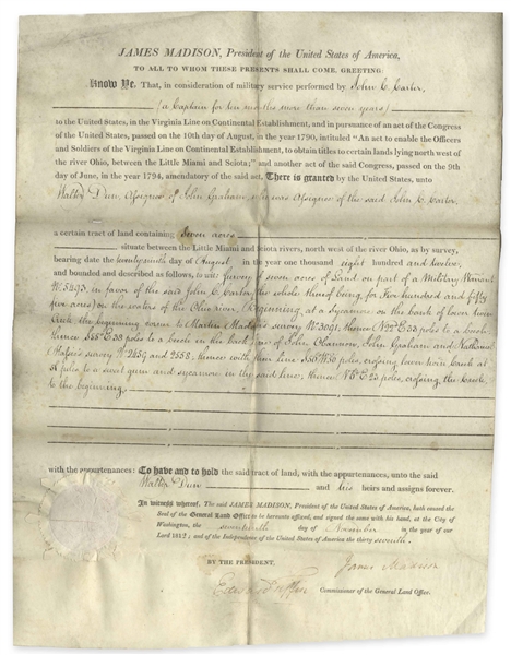 James Madison Land Grant Signed as President